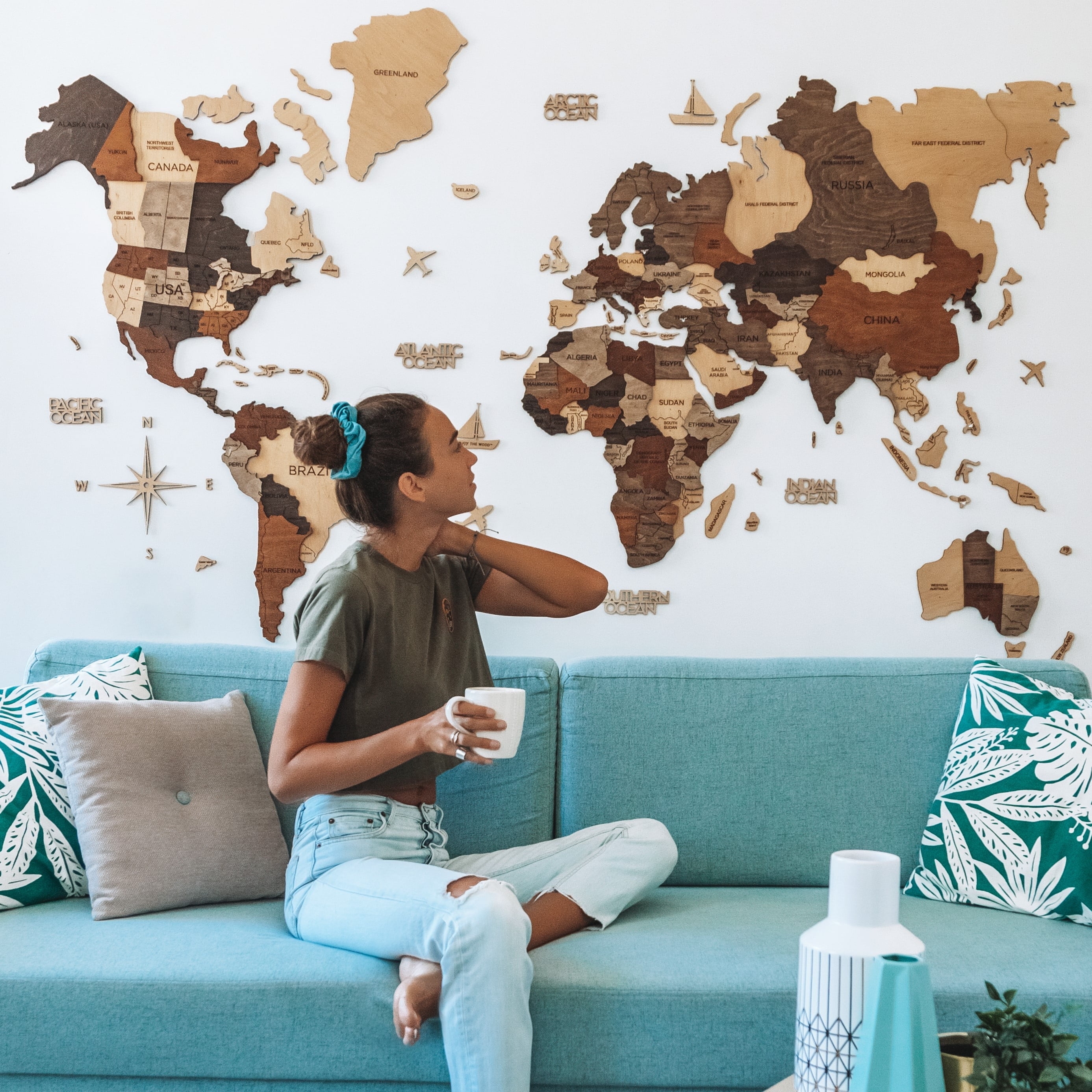 Wall Art 3D Relief Engraved World Map Travel Decor