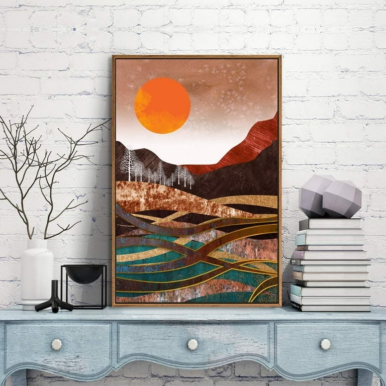 Wall Art: Burnt Orange Sun Teal Geometric Nature Scenery
