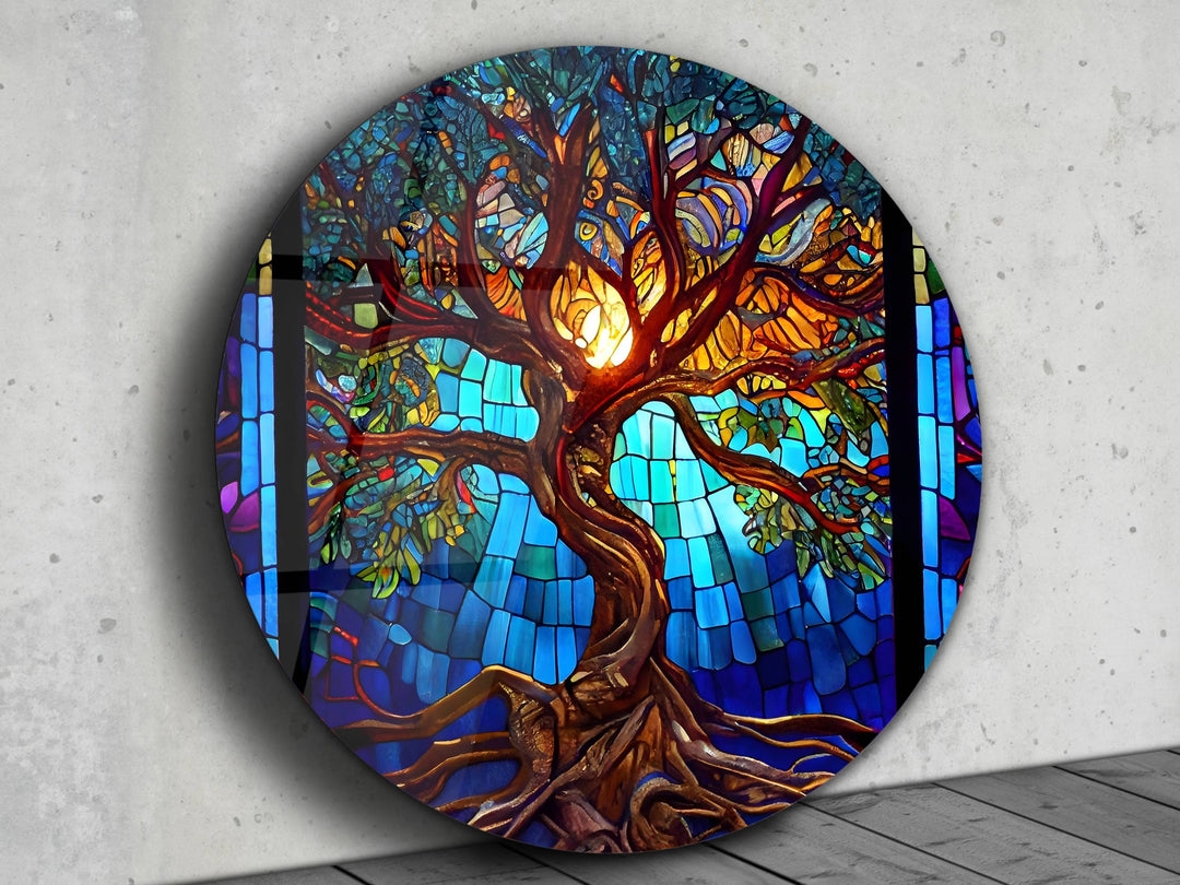 Wall Art Glowing Tree Motif Circular Glass Art