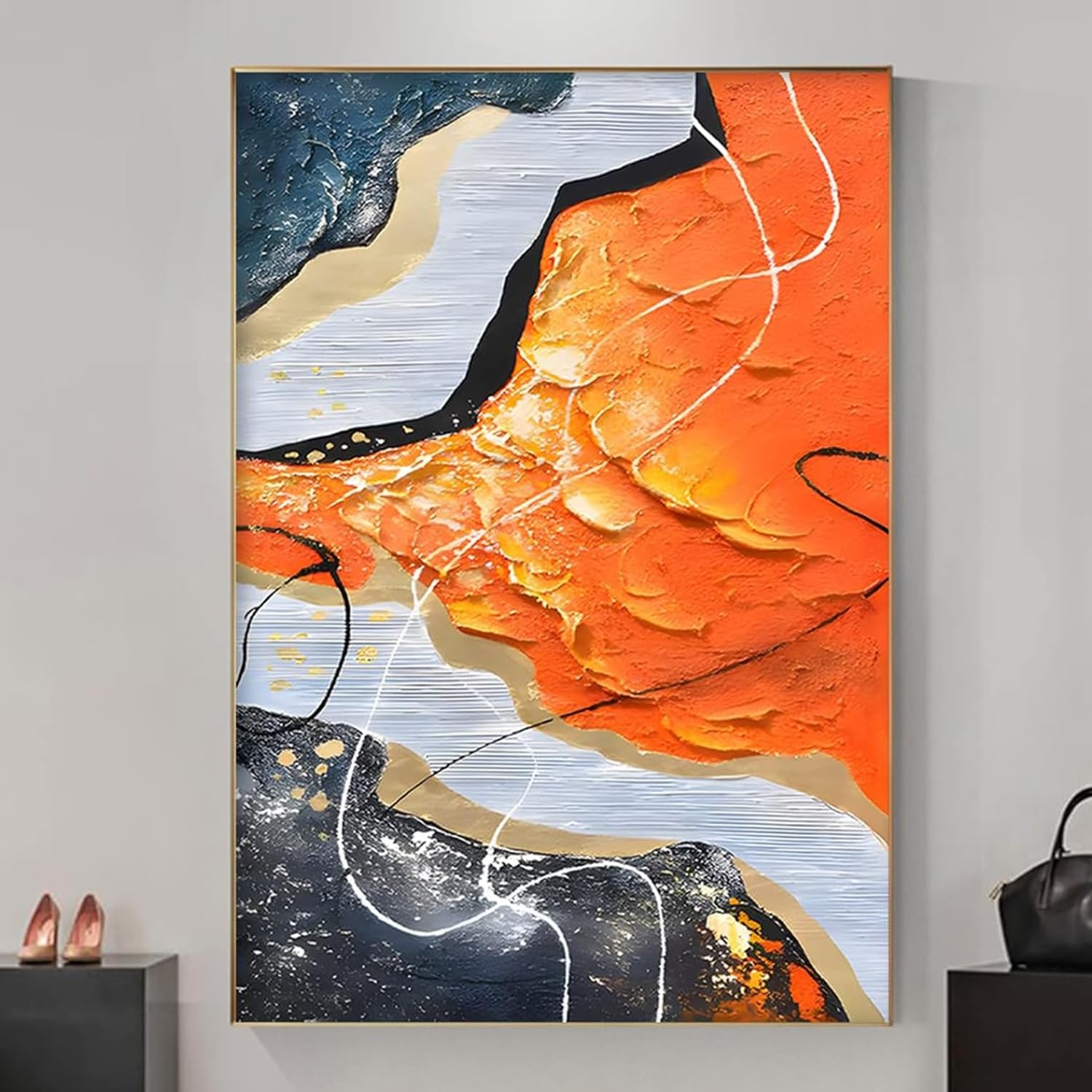 Wall Art Gold Leaf Accents Heavy Texture Orange Abstract