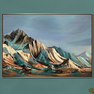 Wall Art: Impasto Brushwork Teal Thin Gold Frame Peak