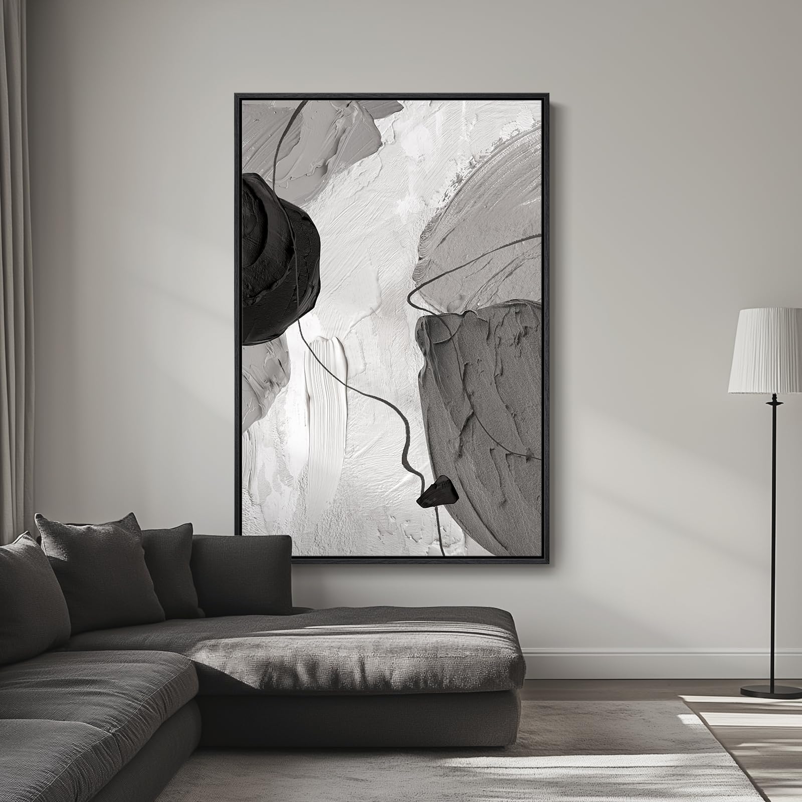 Wall Art Oversized Vertical Canvas in Black White Abstract Style