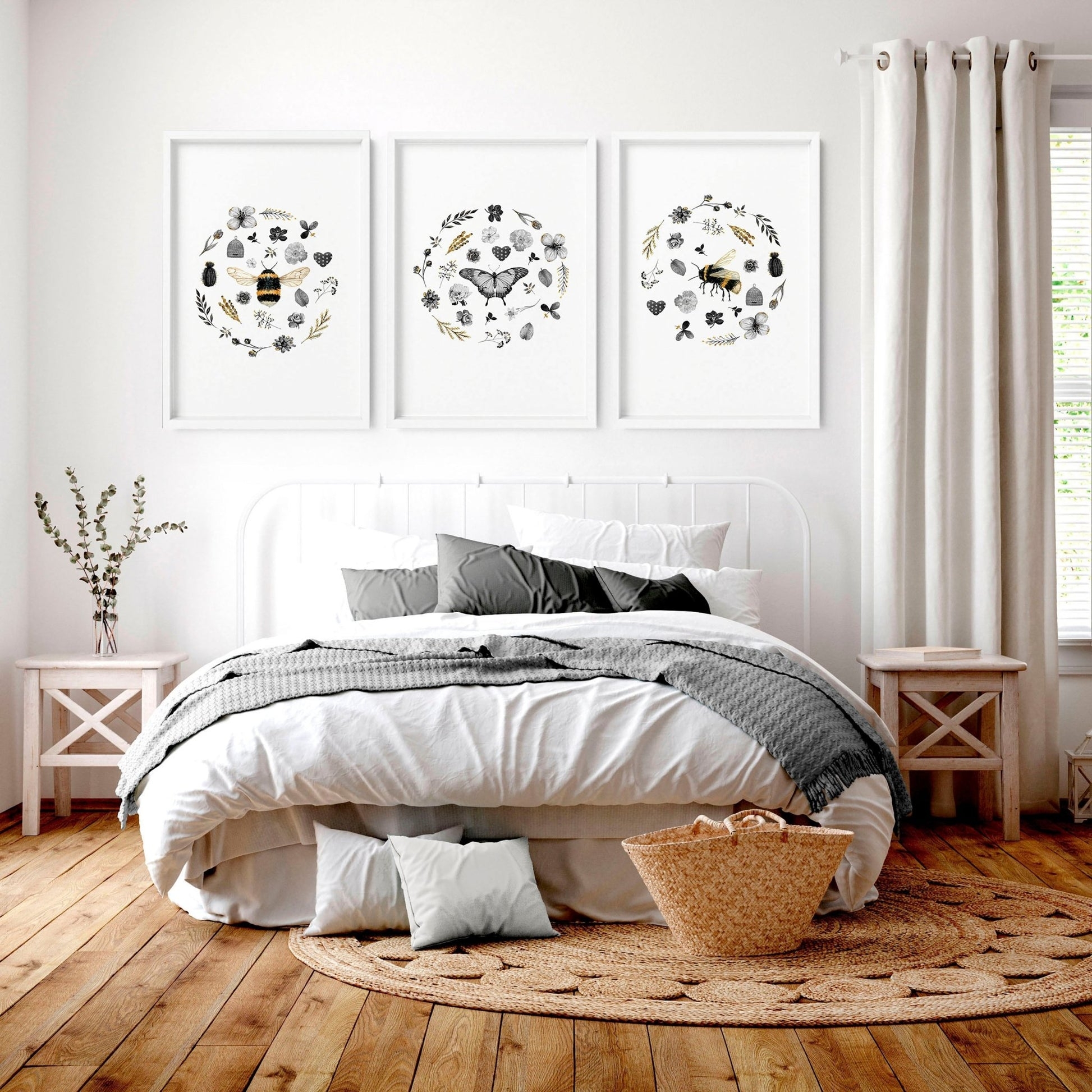 Wall Art Set: Botanical Wreath Prints for Cottage Bedrooms
