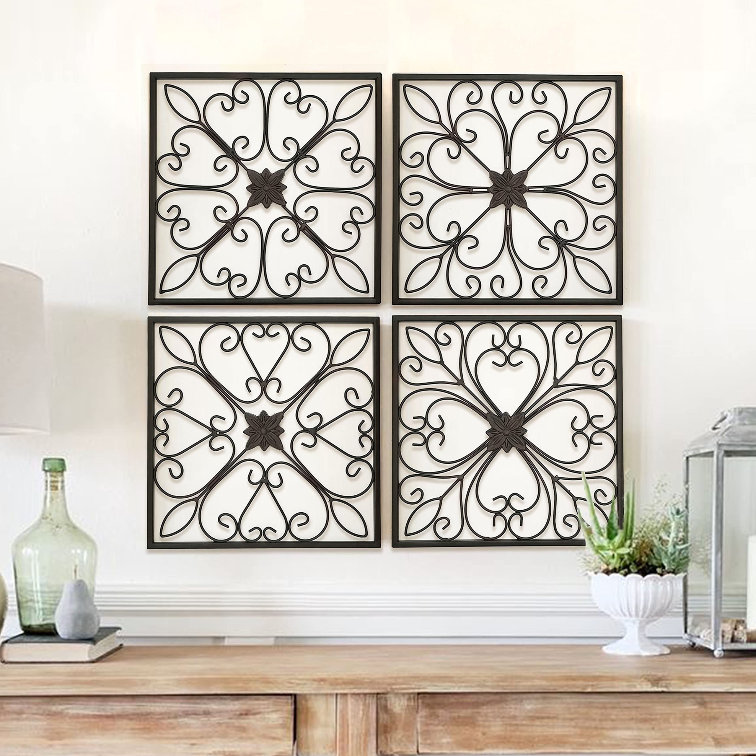 Wall Art Set Four Piece Grid Layout Scrollwork Pattern