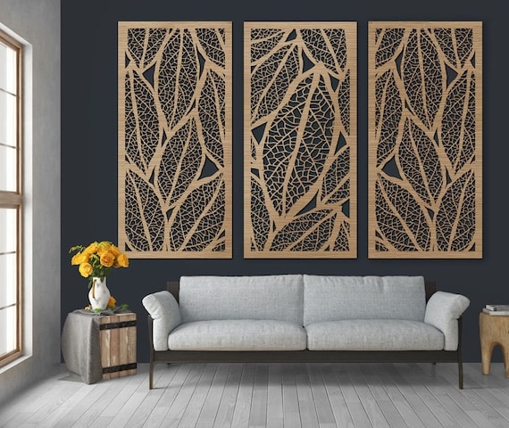 Wall Art Triptych Leaf Skeleton Motif Wooden Decor