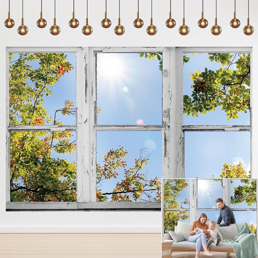 Wall Backdrop with Faux Window Effect Rustic Autumn Scenery