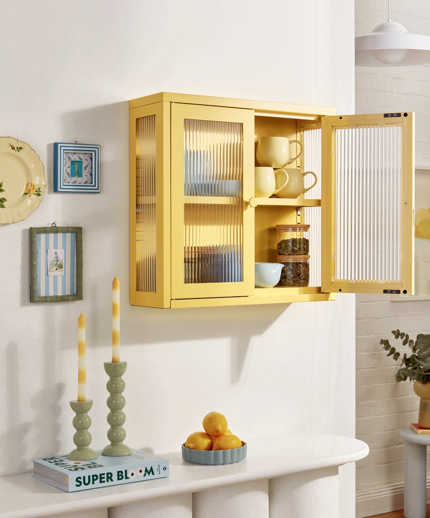 Wall Cabinet with Fluted Glass: pale yellow wall cabinet storage