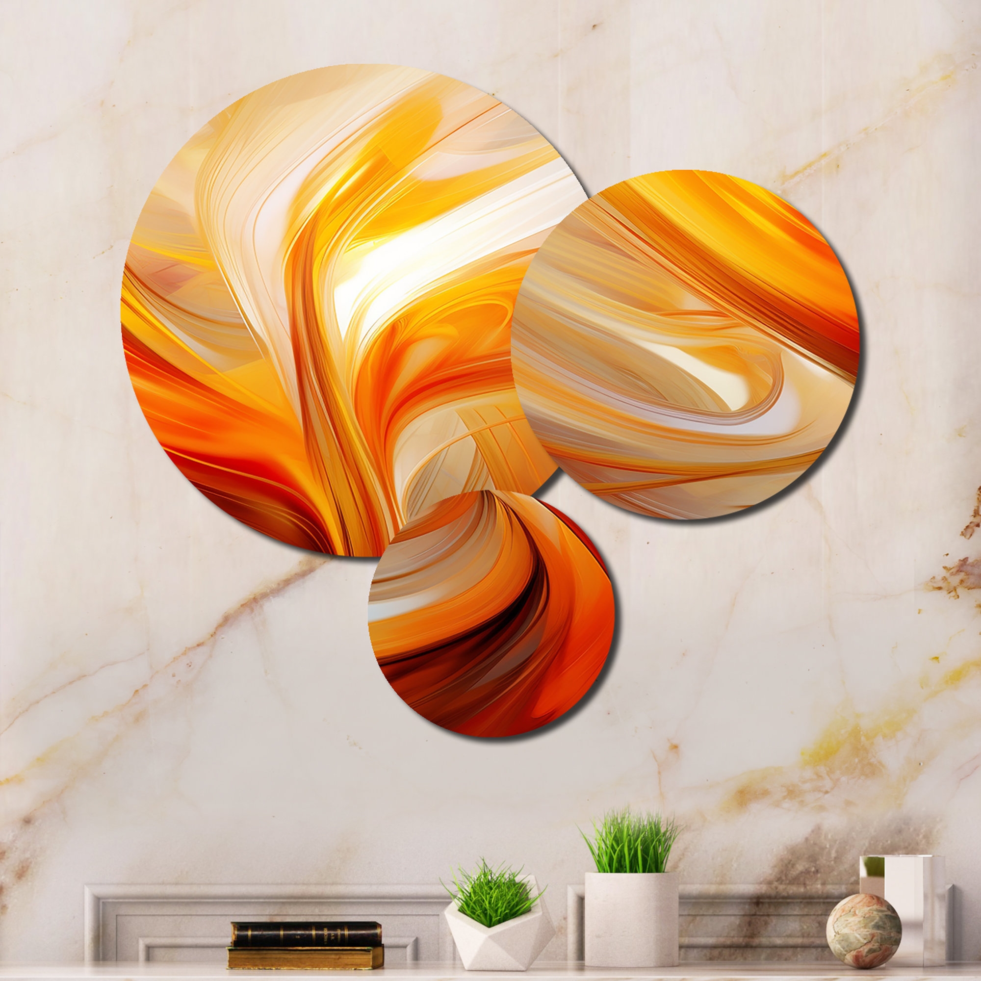 Wall Decor Set Round Metal Panels Fractal Abstract Design