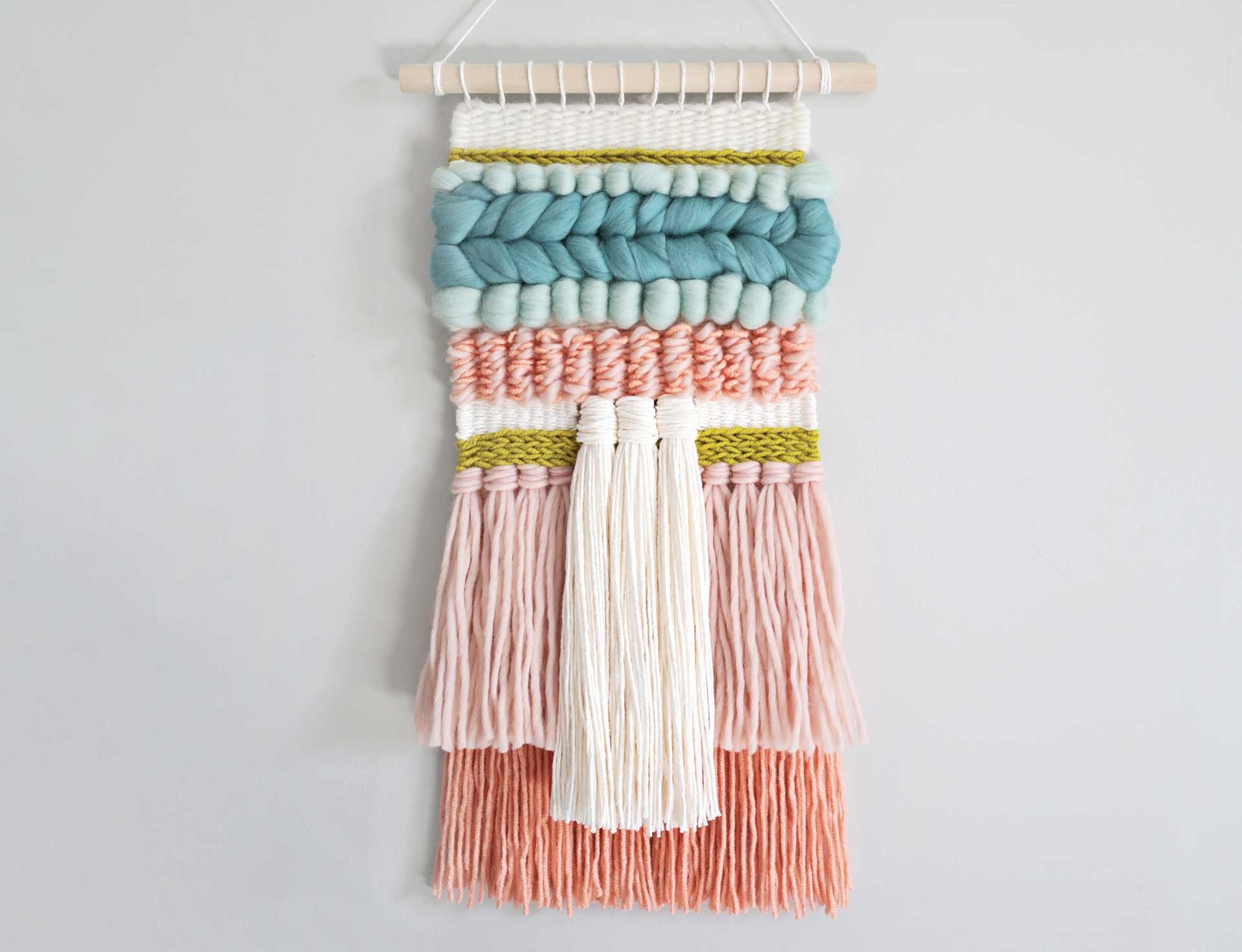 Wall Hanging: Chunky Teal Braid Peach Teal Fiber Art