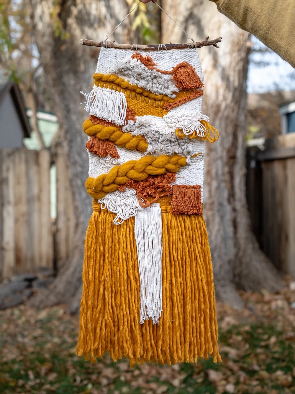Wall Hanging: Mustard Yellow Fringe Chunky Fiber Art