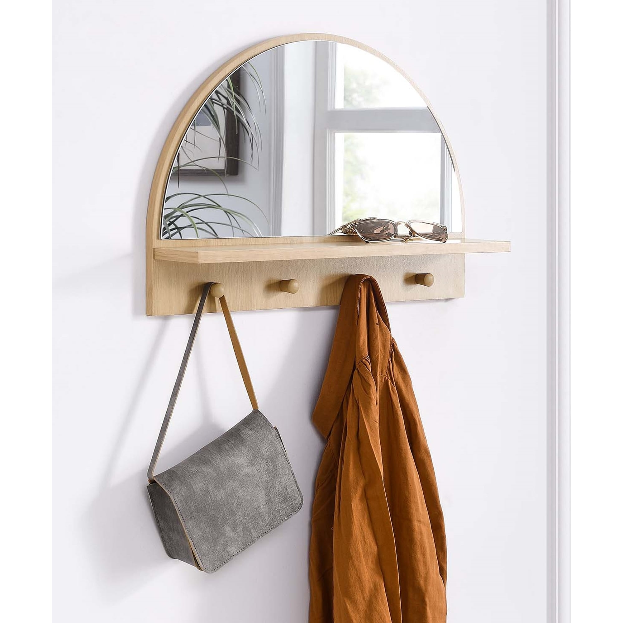 Wall Mirror: Arched Top, Light Oak Shelf, Peg Hooks