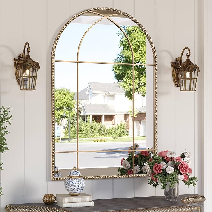 Wall Mirror: Beaded Gold Frame Antique Entryway Arch Mirror