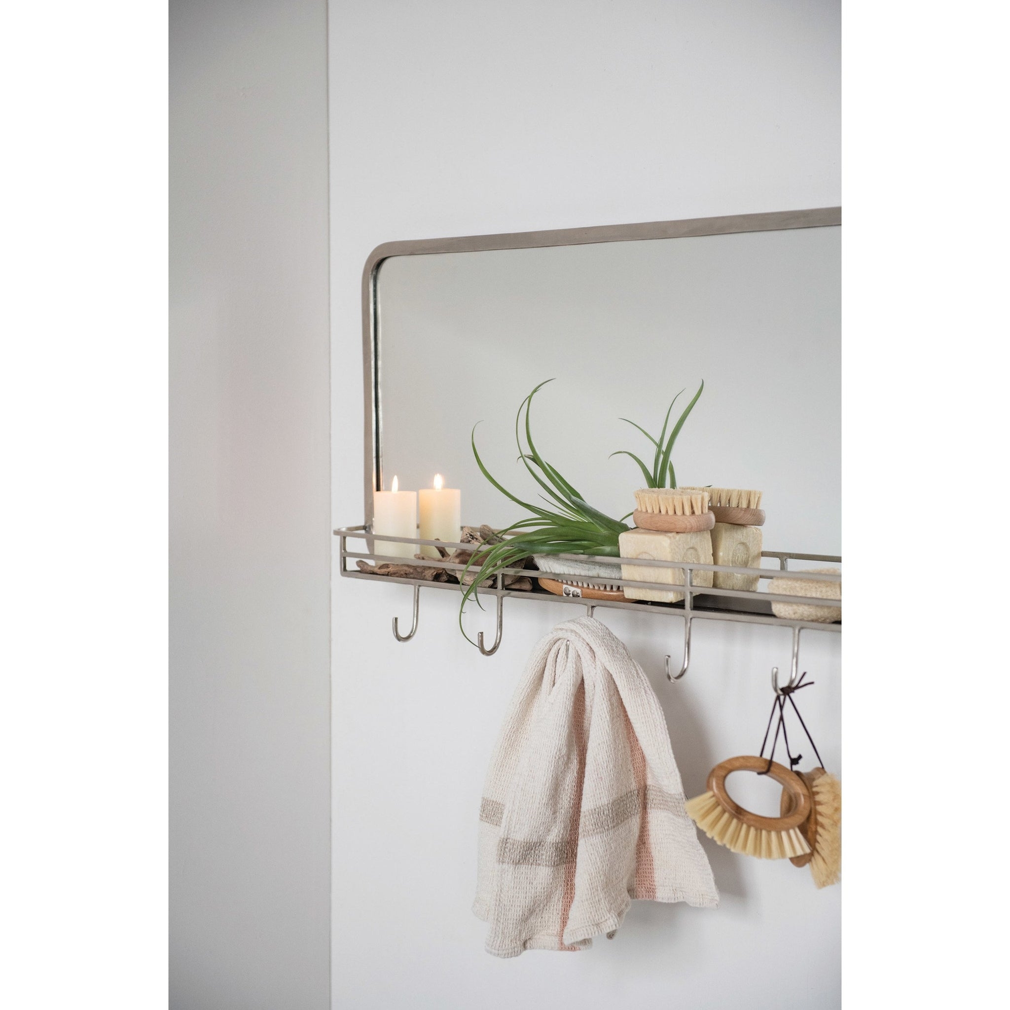 Wall Mirror: Brushed Nickel Finish with Seven Base Hooks