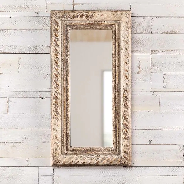 Wall Mirror Carved Texture Whitewashed Rectangular Mirror