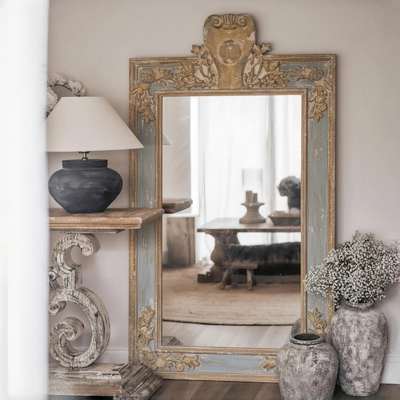 Wall Mirror Distressed Green Gold Scrolled Pediment Crest