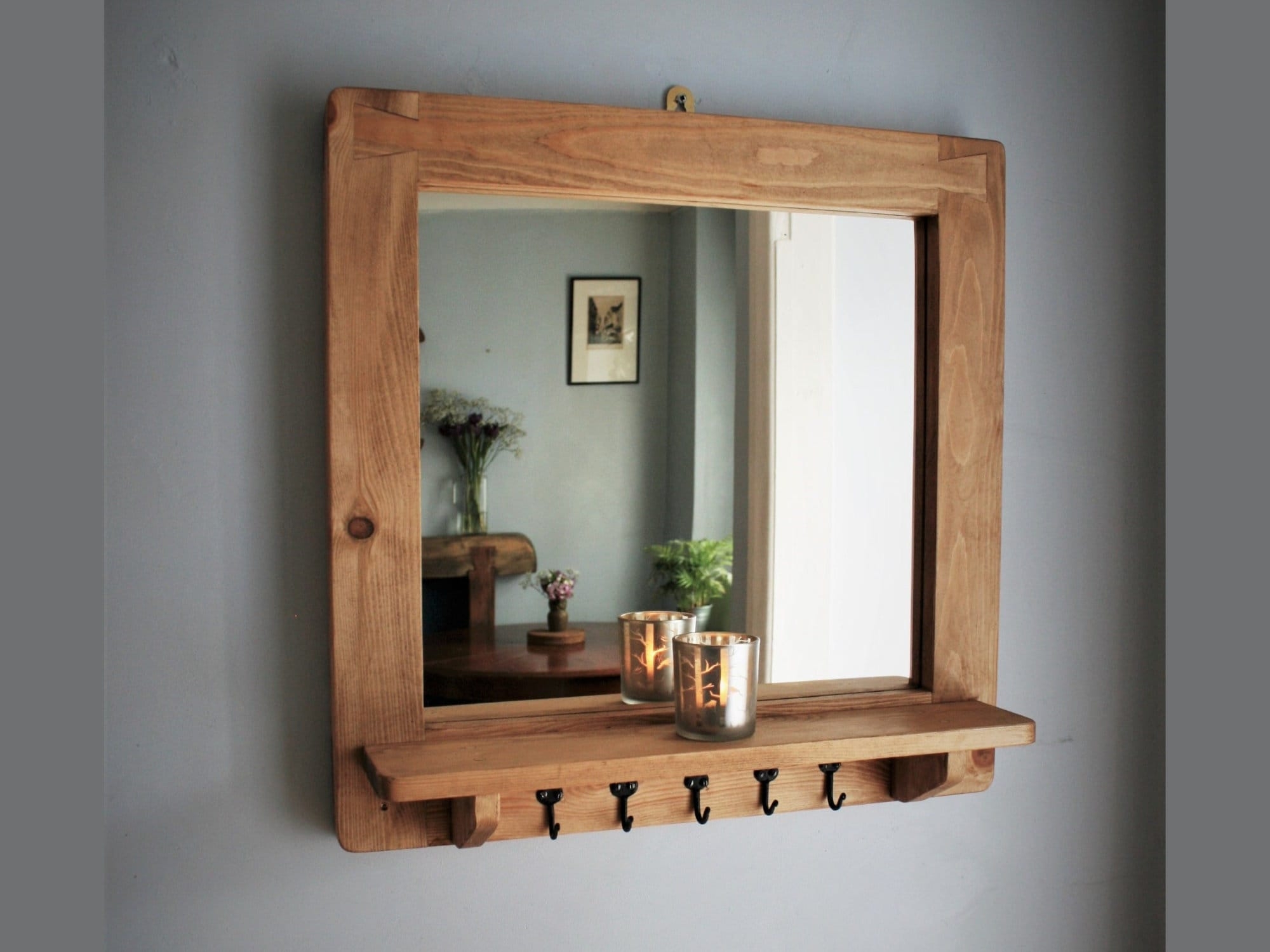 Wall Mirror: Exposed Joinery, Five Hooks & Wooden Shelf