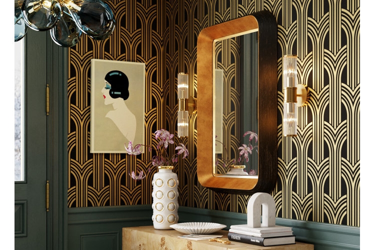 Wall Mirror: Gold Inlay Art Deco Entryway Wallpaper