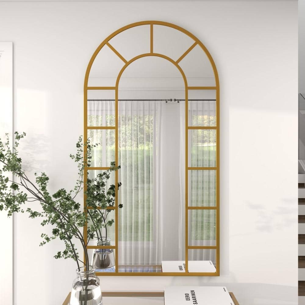 Wall Mirror: Large Scale Gold Finish Arched Window Pane Decor