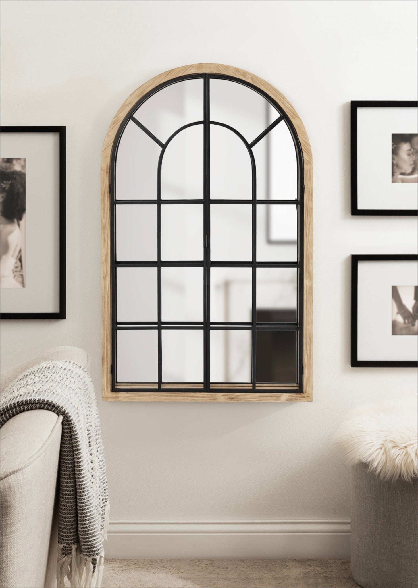 Wall Mirror: Natural Brown Wood and Metal Windowpane Design