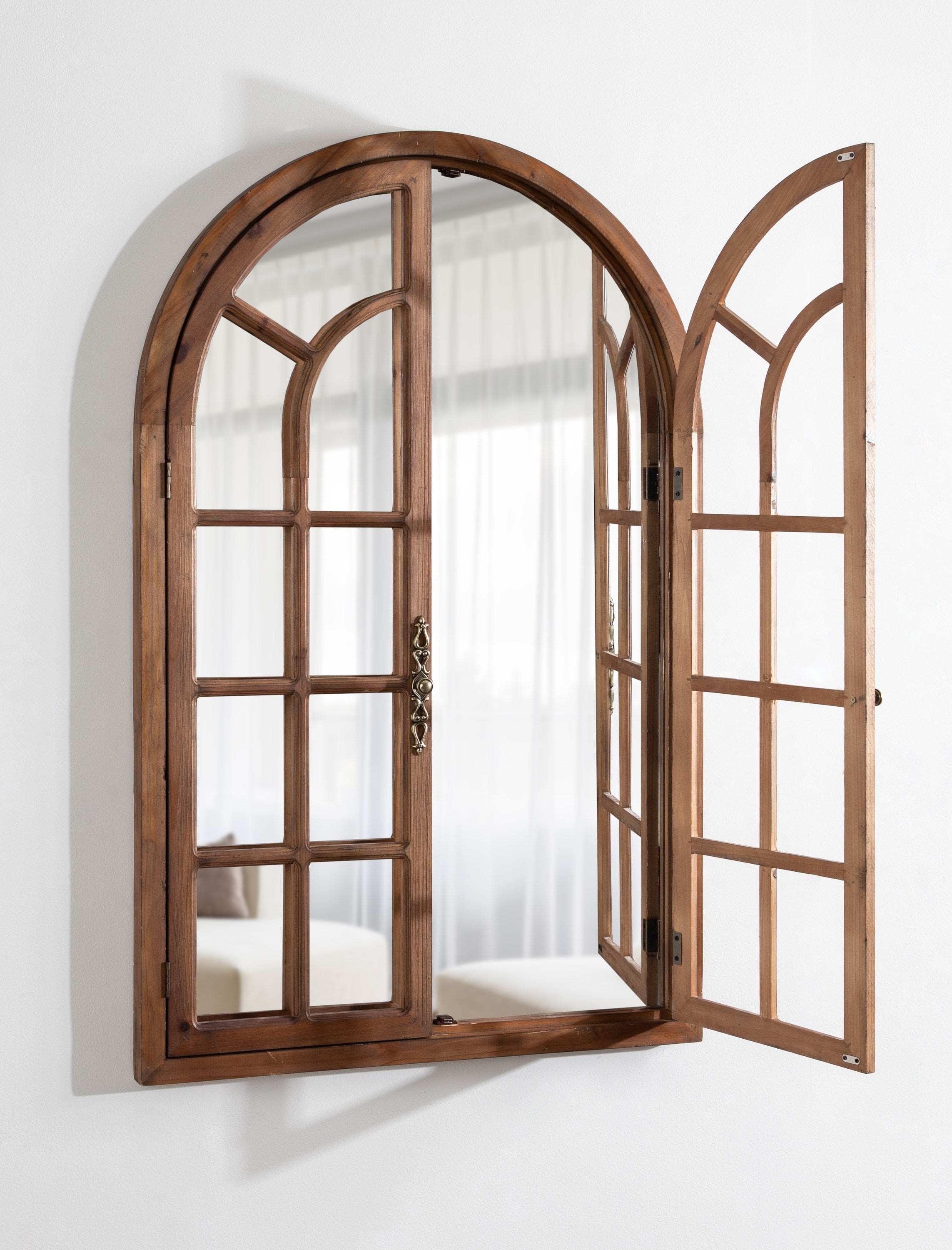 Wall Mirror: Operable Shutter Doors Wood Arched Window Decor