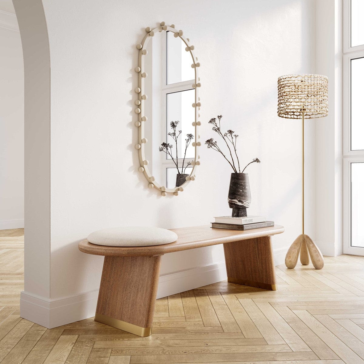 Wall Mirror Orb Accents Wood Bench Foyer Brass Caps