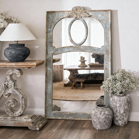 Wall Mirror Oval Center Pane Distressed Blue Farmhouse Mirror