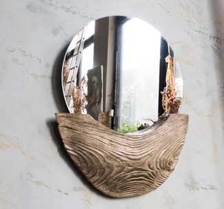 Wall Mirror: Relief Carving Crescent Base Organic Grain