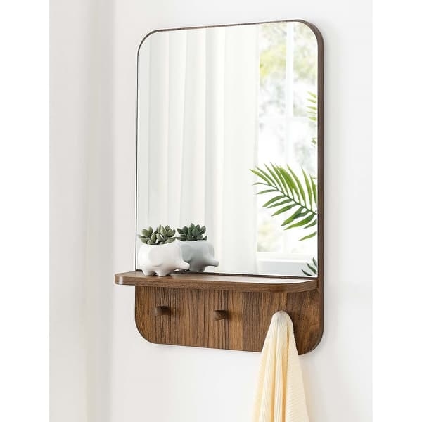 Wall Mirror: Rounded Geometry, Wood Shelf & Three Pegs