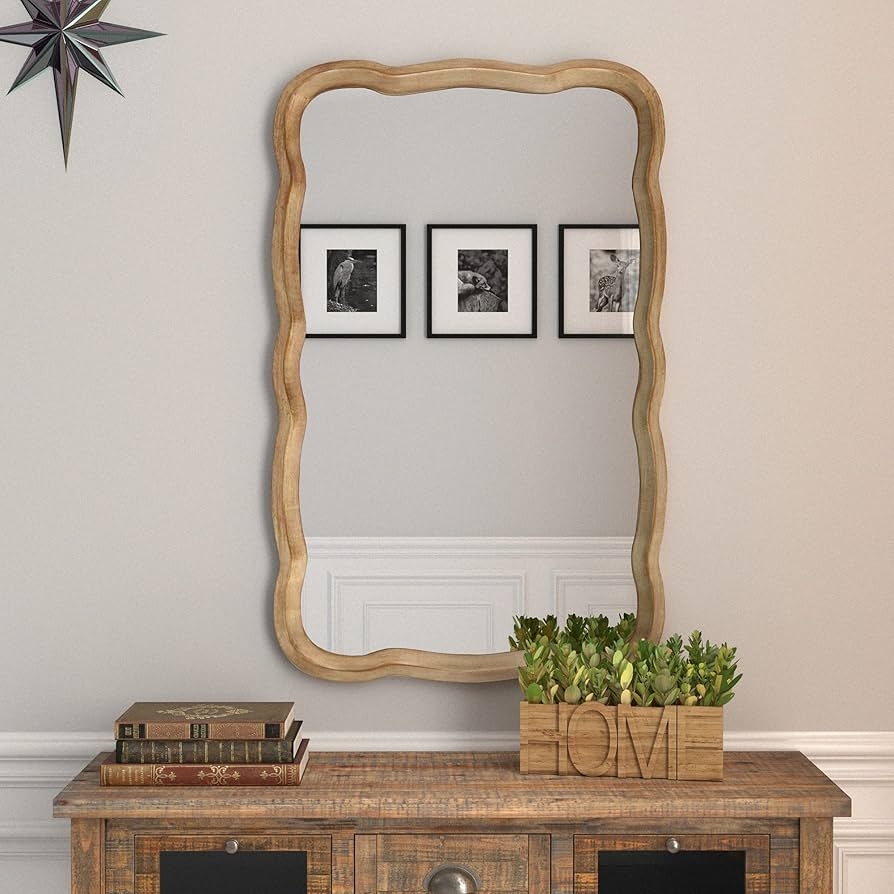 Wall Mirror Scalloped Edge Wavy Frame Distressed Wood Decor