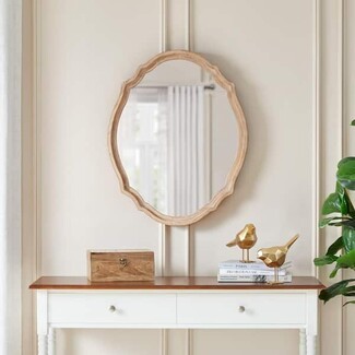 Wall Mirror Scalloped Frame Natural Wood Finish Oval Mirror