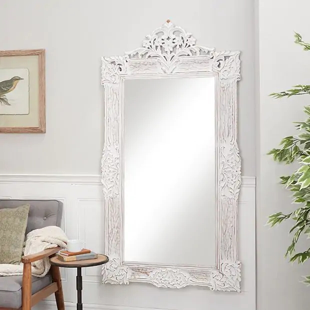 Wall Mirror Scrolled Pediment Whitewashed Carved Wall Mirror