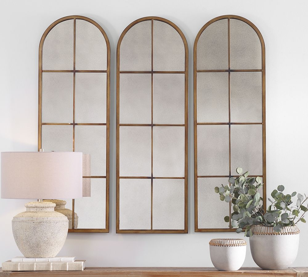 Wall Mirror: Skinny Arch Foxed Glass Antique Brass Triptych