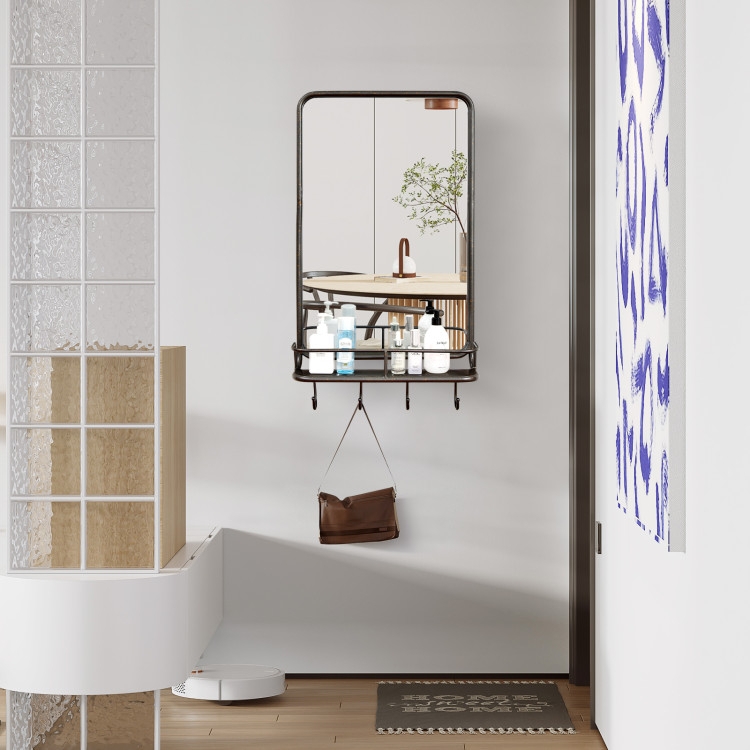 Wall Mirror: Slim Charcoal Frame, Rounded Corners, Shelf