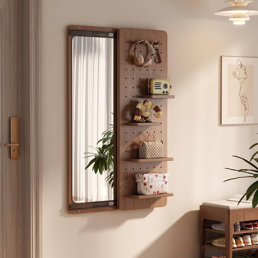 Wall Mirror Storage: Sliding Mirror, Walnut Modular Shelves