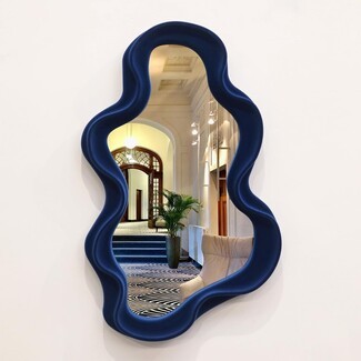 Wall Mirror: Velvet Textured Frame Navy Blue Wavy Decor