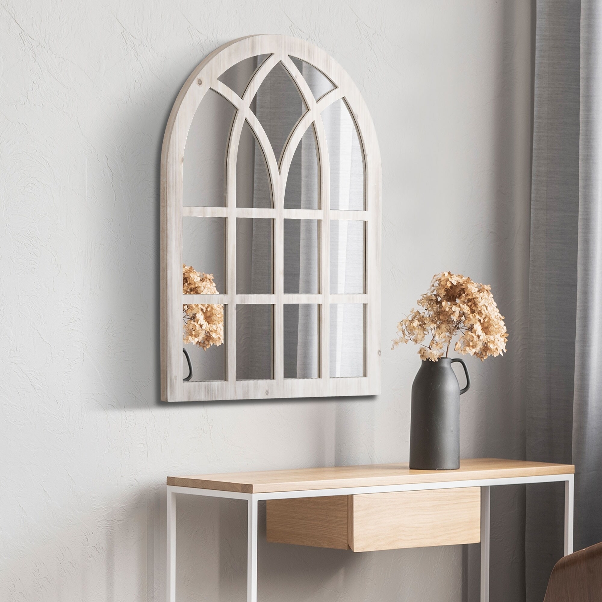 Wall Mirror: Whitewashed Cathedral Mullions Arched Wood Decor