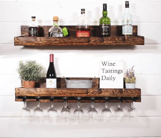 Wall Mounted Dark Walnut Wine Rack Farmhouse Bar Storage