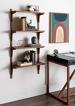 Wall Mounted Shelves: Vertical Mounting Rails Walnut Tiered