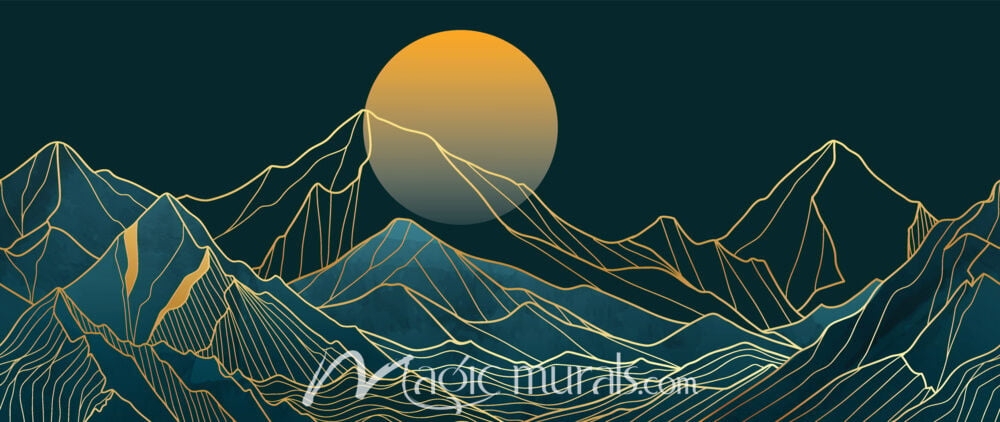Wall Mural: Gold Line Work Deep Teal Mountain Mural