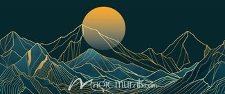 Wall Mural: Gold Line Work Deep Teal Mountain Mural