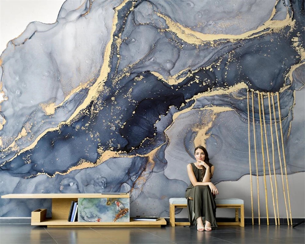 Wall Mural: Indigo Blue Liquid Marble Pattern Mural Art