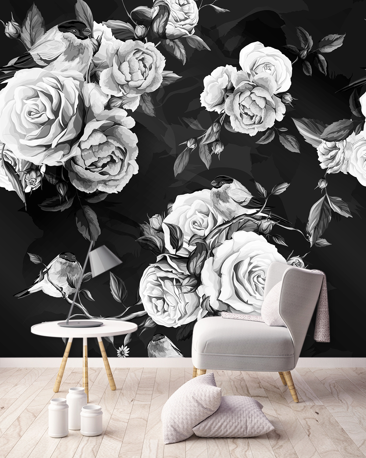 Wall Mural: Monochrome Botanical Bird Print Rose Design