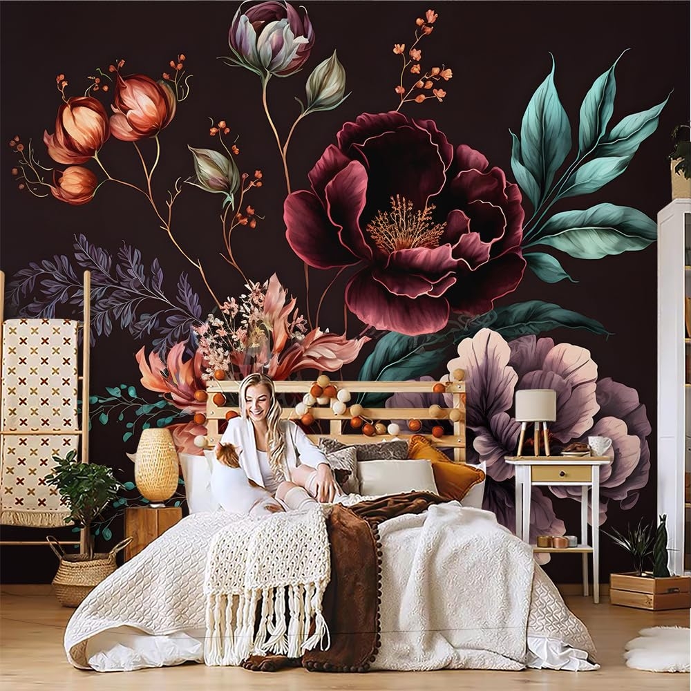 Wall Mural: Moody Dark Exotic Flowers Peony Mural Art Decor
