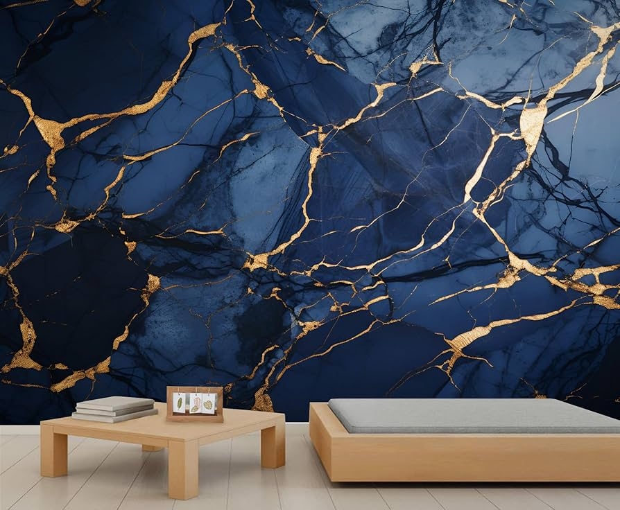 Wall Mural Navy Gold Marble Oversized Abstract Veins