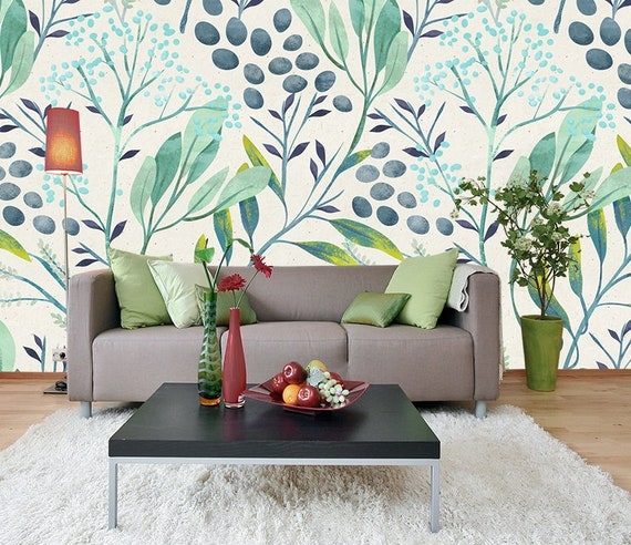 Wall Mural: Teal and Sage Palette Botanical Mural Decor