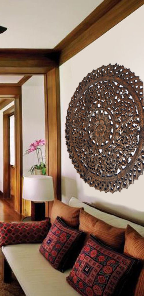 Wall Panel Lotus Motif Circular Wood Medallion Decor