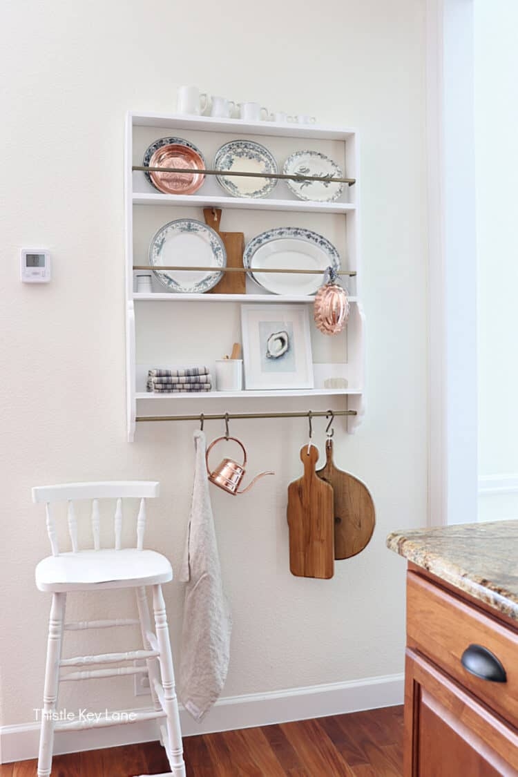 Wall Plate Rack: Copper Watering Can Accents Blue China
