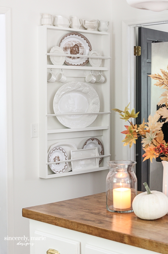 Wall Plate Rack: Integrated Cup Hooks White Tiered Shelf