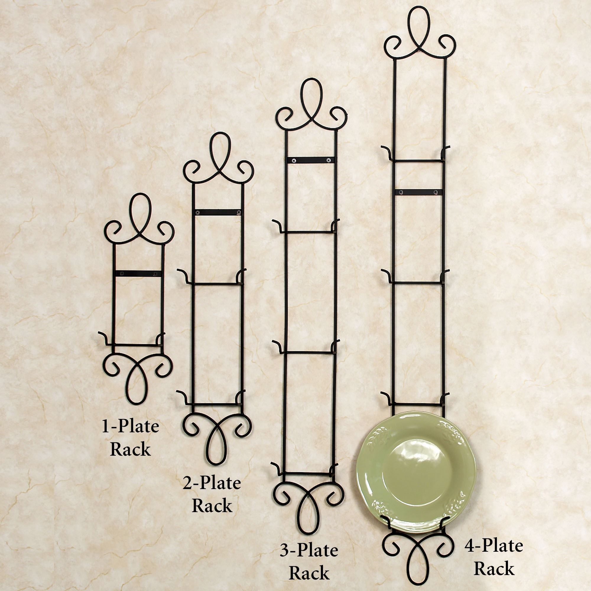 Wall Plate Rack: Scrolling Accents Tiered Metal Capacity