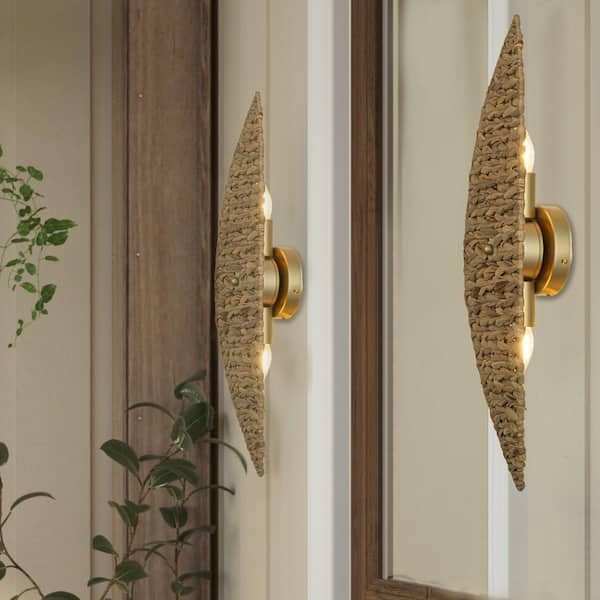 Wall Sconce Banana Leaf Shade: Gold Coastal Lighting Pair